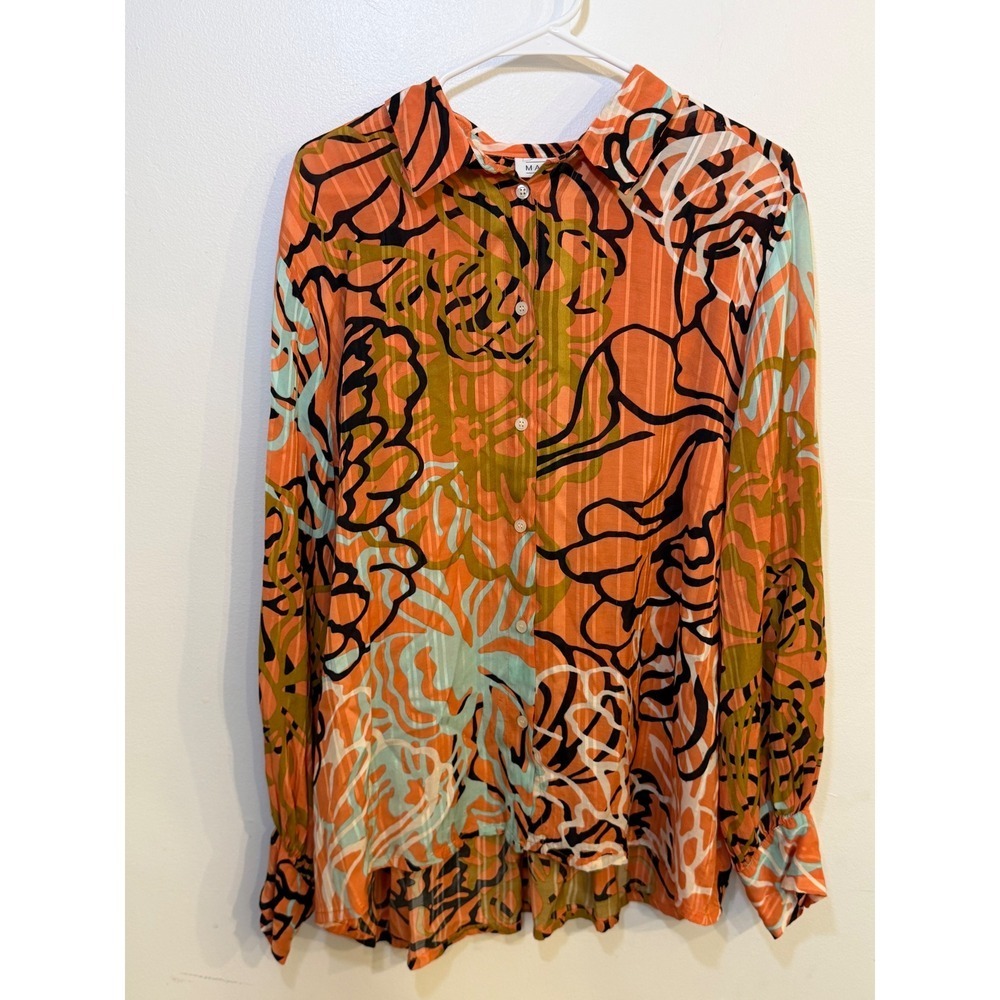 Masai Copenhagen Orange Abstract Floral Viscose Button Down Shirt Womens XL